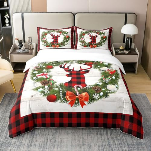richhome Weihnachtstag Frohe Weihnachten Thema 100% Bio-Baumwolle Tröster Bezug Xmas Deer Elch Bettbezug Set 200x200 Blume Bettwäsche Set mit 2 Kissenbezügen
