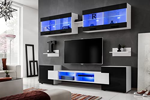 Komodee, Wohnwand Wohnzimmerset RTV Foggia, Front in Schwarz Hochglanz/Karkasse in Weiß Matt, Breite 230cm x Höhe 195cm x Tiefe 35cm, LED RGB, für Wohnzimmer, Schlafzimmer