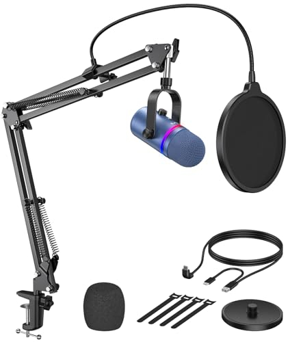 TECURS Microfono PC - Micrófono para Juegos RGB de Condensador Cardioide con Soporte Boom, Filtro Pop, Silencio de un Toque, Micrófono Podcast para MAC/PS4/PS5, Azul