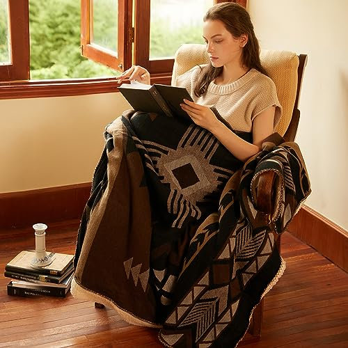 HORIMOTE HOME Navajo-Überwurfdecke mit weichem Sherpa-Fleece, warmer Boho-Überwurf für Outdoor, Camping, Heimarbeit, Sofa, Bett, 127 x 152 cm, Dunkelbraun