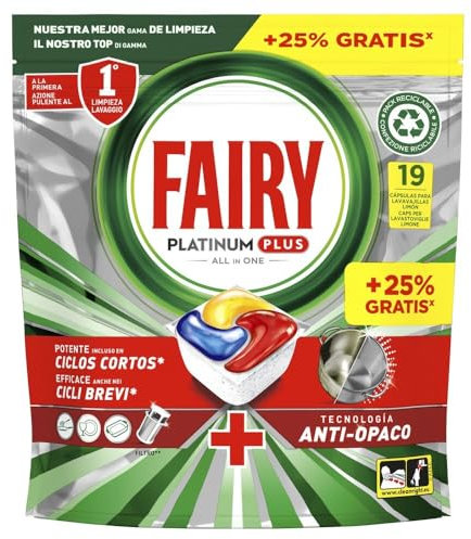 Fairy Platinum Plus Cápsulas De Lavavajillas Todo En Uno Limón, 19 Cápsulas