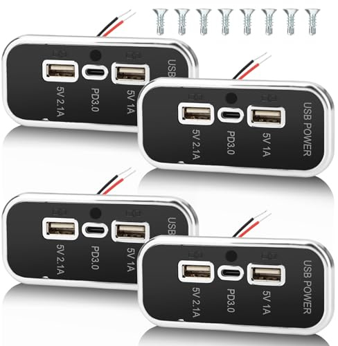 4 Stück Gibbab PD3.0 Type-C 3 Anschlüsse 12V Wohnmobil USB-Anschluss 45,5W & Doppel-USB-A-Anschluss 3,1A Wandmontage-Panel, Auto-USB-Steckdose-Ladeadapter für Wohnmobil/Boot/Bus