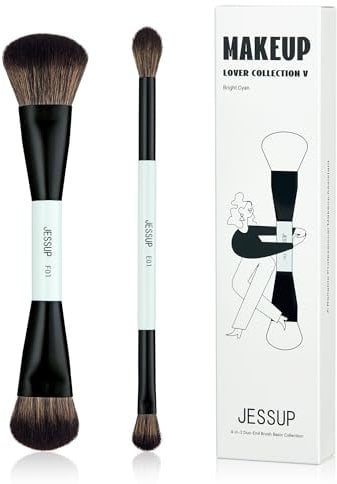 Jessup Pinceaux de Maquillage 2 Pièces Pinceau Fond de Teint Double Face Pinceau Contour Pinceau Mélange Yeux à Double Extrémité Pinceau Cosmétique Multifonctionnel Cyan Brillant T502