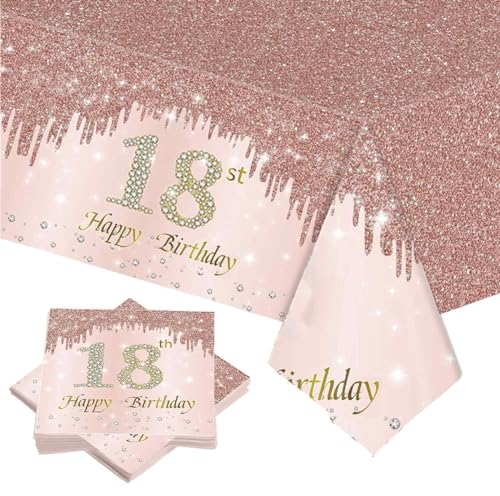 Sparkling Servietten 18 Geburtstag, 21 Stück Tischdekoration, mit Tischdecke, Rosegold Papierserviette Set, Celebration Party Servietten für 18 Geburtstag Mädchen Feiern Party Jubiläum