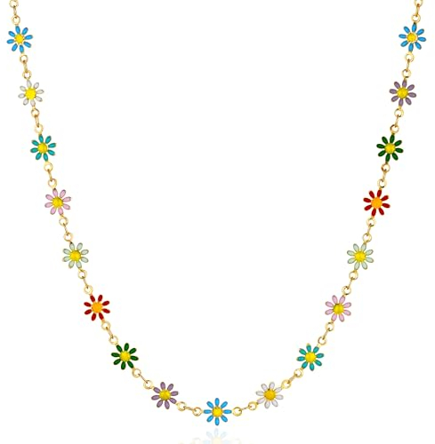 Jenosy 18K Vergoldete Gänseblümchen Kette aus Bunte Blumen Handmade Kette Hypoallergene Gold Halskette für Frauen