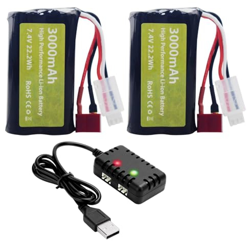 2PCS 7.4V 3000mah 15C 2S Batterie Li-ION Prise T &1PCS Chargeur 2 en 1 pour WLtoys 12423 MJX 14301 14302 14303 H16PL Véhicules à Commande à Distance à Grande Vitesse 1/10, 1/12 et 1/16 Véhicules
