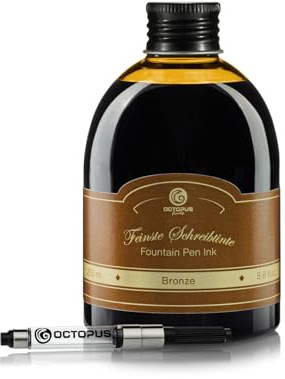 Octopus Fluids Füllhaltertinte Bronze, 250 ml mit Tinten-Konverter | Mit Tinten-Konverter für Füllhalter mit Standardpatronensystem, farbintensive Schreibtinte mit schönem Shading