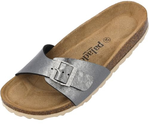 Palado Pantoletten Damen Malta Metallic SQS - elegante Sandalen Made in Spain - bequeme Hausschuhe mit Kork-Fußbett - modische Sommerschuhe Grau UK8 - EU41