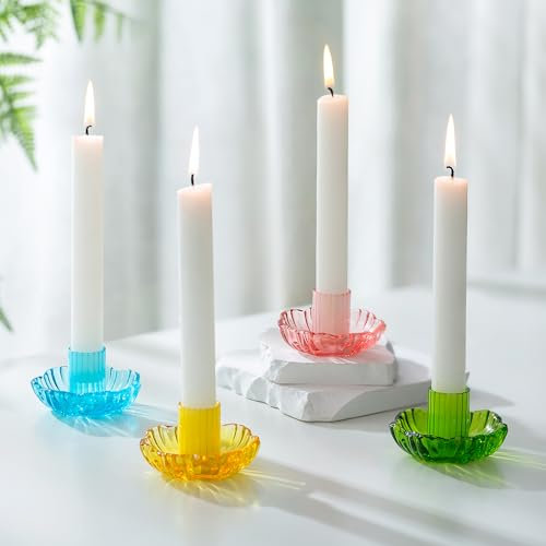 Glasseam Glas Kerzenständer Stabkerzen Bunt: 4er Set Kerzenhalter Stabkerze Blumen Stabkerzenhalter für Wohnzimmer Tischdeko Farbig Kerzenständer Glas for Esstisch Dekoration Weihnachten Geschenk