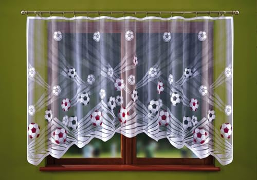 Gardinen Vorhangen Weiß 300x150 cm (BxH) Fußbälle Kinderzimmer Stores Gardinen Kurz Jacquard Scheibengardine Vorhänge Fertiggardine Bogen Kurzstores für Jungen Mädchen