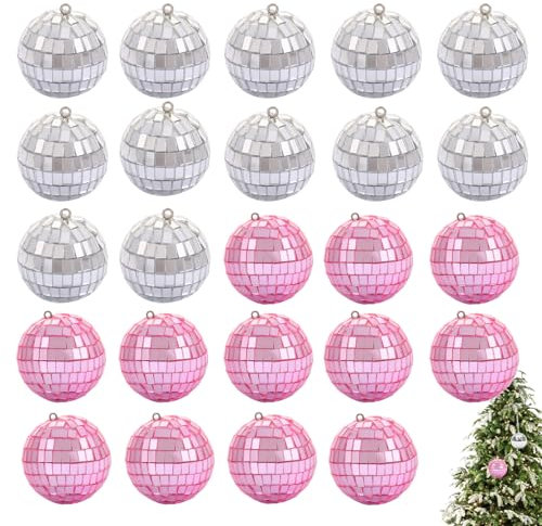 24 Stück Disco Ball, Mini Discokugel, Discokugeln, Discokugel, Discokugel Deko, Discokugel Partylicht für Weihnachtsbaum Hochzeit Party Geburtstag Dekoration, Dazzling Spiegel Kugeln (Silber,Pink)
