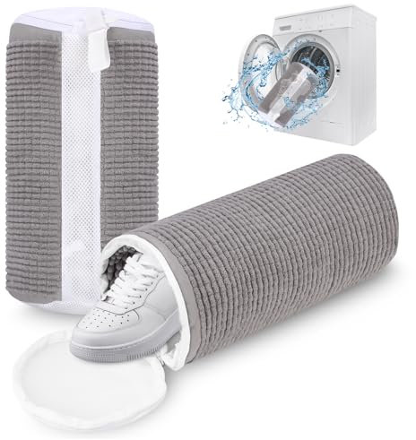 Bixury Bolsa Lavadora Zapatillas, 2 Piezas Bolsa Para Lavar Zapatillas en Lavadora, Bolsas Para Lavar Zapatos Protege los Zapatos e los Daños, con pelusa de limpieza a 360°(Gris Claro)