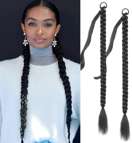 Fulang Hair 2PCS Braid Ponytail Extension, Zopf mit Haargummi, Haarteil zum Einflechten Lang Ponytail, Kunsthaar für Frauen, Geflochtener Haarteil (1B#)