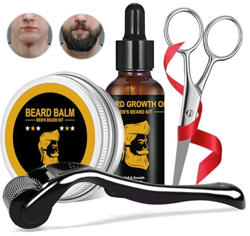 Kit Crescita Barba Uomo,Kit Barba per Uomo,0.25mm Rullo Crescita Barba Uomo,30ml Olio barba,60g Balsamo Barba,Forbici,Set per la cura della barba da uomo Per Beard Growth