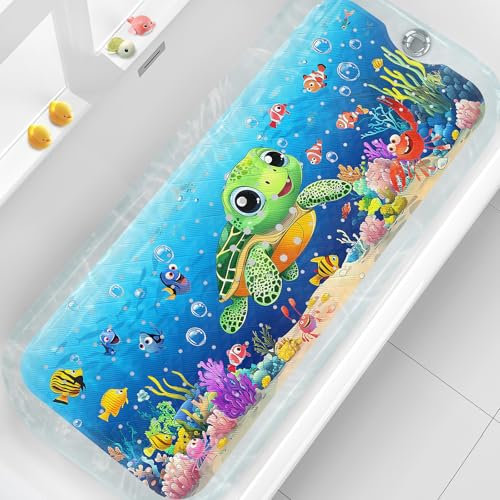 XIYUNTE Baby-Badematte für die Badewanne, rutschfest, 101,6 x 40,6 cm, extra lange Badewannenmatte, rutschfeste Kinder-Badewannenmatte mit Saugnäpfen und Abflusslöchern, maschinenwaschbar, Schildkröte