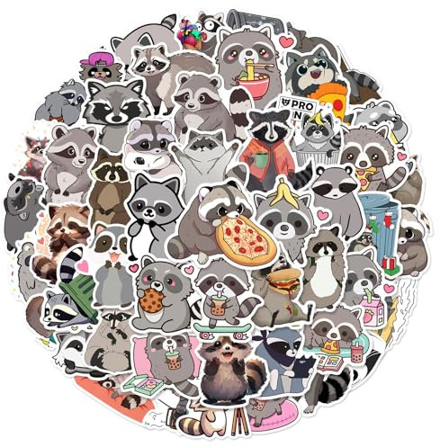 LunarCharm 50 Stück süße Waschbär-Aufkleber für Kinder, wasserfest, Cartoon-Tieraufkleber für Wasserflasche, Vinyl-Aufkleber für Scrapbook, Kinder, Partygeschenke