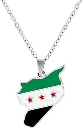 NYXIFYLO Syrien Karte Flagge Anhänger Halskette – Syrische Flagge Schmuck für Damen und Herren, Landkarten Kette in Gold oder Silber, 50 cm Länge, Patriotischer Charme, Unisex Design (Silber)