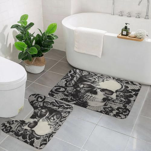 KGDHY Badezimmermatten-Sets 2-Teilig,Calavera Totenkopf mit,Bad und WC-Vorleger-Set,rutschfeste Badezimmerteppiche wasserabsorbierende