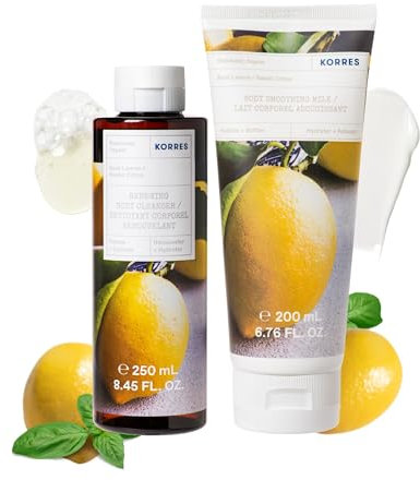 KORRES Basil Lemon Körperpflege Vorteilsset, Basil Lemon revitalisierendes Duschgel mit Basilikum-Zitrusduft, vegan, 250 ml und Basil Lemon glättende Bodymilk für geschmeidige Haut, vegan, 200 ml