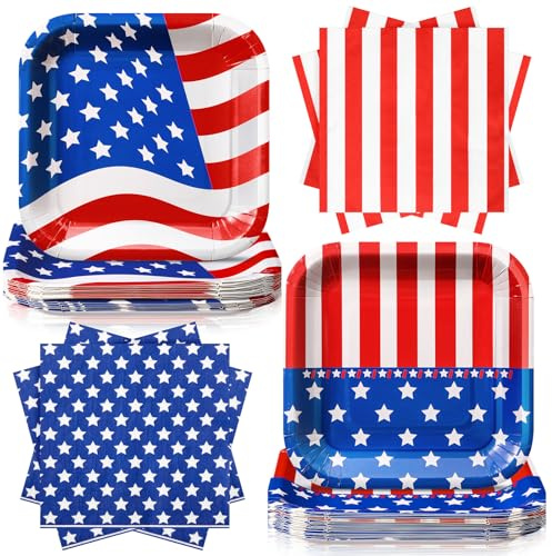 Zhehao 72 Pcs 4th of July Plates and Napkins Set Serve 36, 7 Patriotic Paper Plates and Napkins Red White and Blue American Flag Disposable 250th Anniversary Patriotic Party Supplies Dinnerware