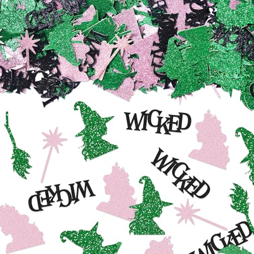 200 Pieces Glitter Pink Green Witch Confetti for Table Decorations, Magic Broom Witches Confetti Decorations Let's Have A Wicked Time Paper Table Confettis for Movie Witch Birthday Party Favor