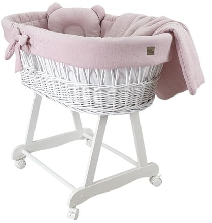 Wiklinopol Moseskorb Amelia Stubenwagen aus Weide mit Gestell & Matratze – Babykorb in Weiß – Set Musselin-Bettwäsche in Gold-Lila – Weidenkorb, Tragbar, Ideal für Neugeborene