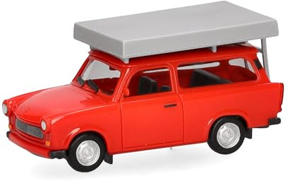 Herpa model car Trabant 601 Universal, bright red with roof tent, 1:87 scale miniature, collector’s item, Made in Germany, plastic model