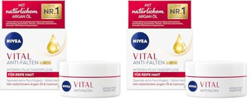 NIVEA VITAL Anti-Falten Intensiv Plus Tagespflege LSF 15, Gesichtspflege für reife Haut mit natürlichem Argan-Öl und Calcium, Tagescreme mit LSF für intensive Feuchtigkeit (50 ml) (Packung mit 2)