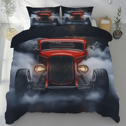 Sobhdga Rote Amerikanische Oldtimer Bettwäsche 155x220 Sommer 3 Teilig, Retro Auto Nebel Deckenbezug mit 2 Kissenbezug 80x80 cm, Nostalgische Bettbezug Mikrofaser Weich mit Reißverschluss