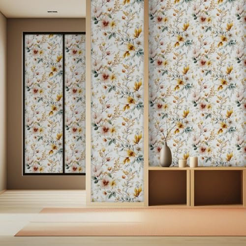 Wazylphin Papier Peint Panoramique Fleur Jaune Rétro Papier Adhesif Pour Meuble Chambre Adhesif Mural Decoratif Stickers Autocollant Meuble Papiers Peints Adhésif Salon Cuisine 45x300cm/1 roll