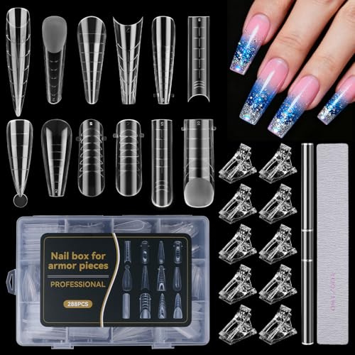 288 Stücke Dual Nail Forms Set, 12 Styles Nagelverlängerung Verlängerung Nagel Gel Formen Nagelform Set mit Nagel Pinsel, Nagelspitzen Clip, Nagelfeile, Nagel Tips für Polygel Extension Maniküre