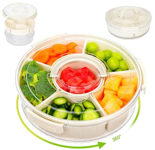 lomdung Snackbox mit Fächern, 6 Herausnehmbare Fächern Kann 360° Drehen Snackteller, Multifunktionale Snackdose mit Deckel und Griff, für Süßigkeiten Obst Keksen Dessert Gemüse Nüsse