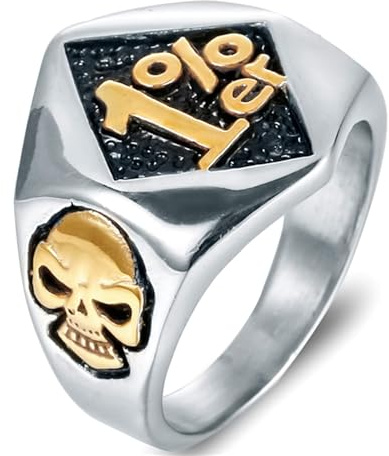 Unrostbarer Biker Ring, Lucky 7 & Lucky 13 Diamantförmiges Gesicht mit Totenkopfseite, Gothic Punk Rebell Bikerring Schmuck