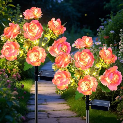 Qoosea 2 Stück Solarlampen für Außen Garten, LED Solarleuchten Rose mit Breiterem Wasserdichte Solarpanel, Gartendeko Solarlichter für Balkon Bereich Terrasse Gehweg Hof Weihnachtsdeko