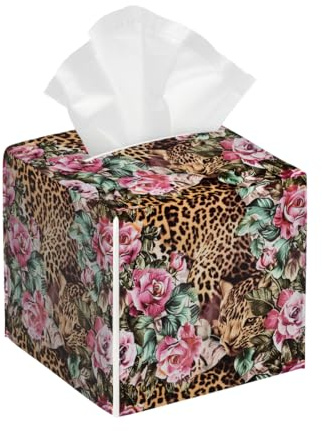 Boîte À Mouchoirs Carrée en Cuir Synthétique Roses Flower Leopard Print Résistant À l'eau Distributeur De Papier Carré Tissue Box Cover pour Chambre Le Bureau