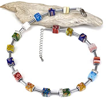 Handgemachte Murano Glas Perlen Würfel Kette und Edelstahl Verschluss, Edelsteinkette Unikat