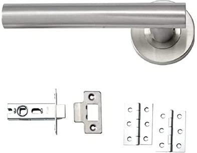 IRONZONE® 1 Set of Quality Straight Door Handle Pack Internal Comes with Latch Hinges Straight Lever Latch Door Furniture Stainless Steel Finish for Home or Commercial Properties