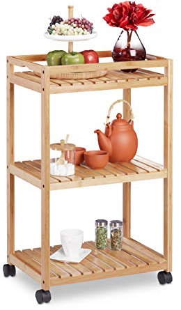 Relaxdays Servierwagen , Küchenwagen mit 3 Etagen, Kunststoffrollen mit Bremsen, HxBxT: 77 x 47 x 32,5 cm, natur, Hellbraun, Schwarz