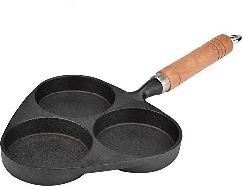 Poêle à Crêpes 3 Trous, Poêle a Pancakes en Fonte avec Poignée en Bois pour Oeuf au Plat, Hamburger, Petit Déjeuner, 20 x 38cm