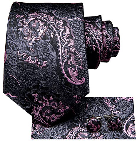 Hi-Tie Mens Grey and Pink Floral Tie Set Silk Necktie Woven Paisley Ties with Pocket Square Cufflinks Set for Wedding Party
