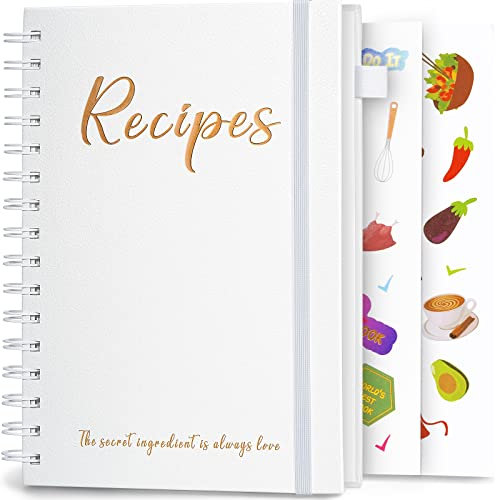 JUBTIC Libro de recetas para escribir en tus propias recetas, libro de recetas en blanco personal de tapa dura Sprial, haz tu propio libro de cocina familiar con pegatinas de lámina dorada, cuaderno