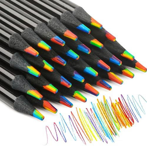 ThEast 12 Stück schwarze hölzerne Regenbogen Buntstifte, 7 Farben in 1 Regenbogenstifte für Kinder und Erwachsene, Mehrfarbige Mitgebsel Besondere Bleistifte
