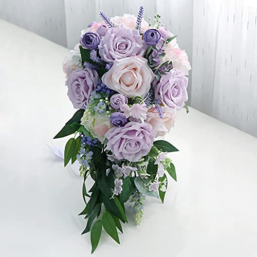 HXSCOO Lila Rosen-Blumenstrauß-Wasserfall-Kamelie-Hochzeits-Blumenstrauß for Braut
