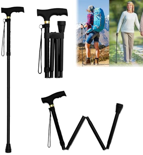 Canne Pliante Ajustable,Bâtons de Marche Pliables,Bâton de Marche,Canne de Marche Pliante,Canne pour Marcher Aluminium,5 Niveaux réglables en Hauteur,Unisexe pour La Randonnée Trekking Voyage,Noir