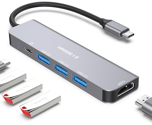 HRSDEIE 5 in 1 USB C Multiport Adapter - 100W PD, 4K HDMI, 3 USB-A, Aluminum Hub for Macbook/iPad/ Galaxy S23/ Surface Go/ XPS