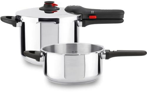 Magefesa EasyClick - Juego de Ollas Express Rápida 4 + 6L + Tapa Cristal, Acero Inoxidable 18/10, Todo Tipo de Cocinas, Inducción, 2 Modos de Presión