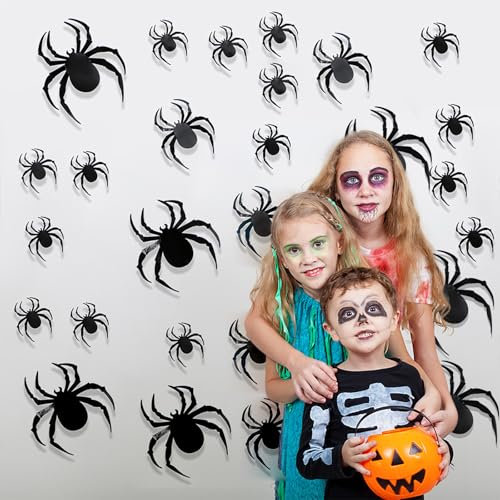 Lxoraziy 24 Stück Halloween 3D Spinnen Wandaufkleber Set mit Kleber, Schwarze Plastikspinnen für Wanddeko, Gruselige Halloween Dekoration, DIY Party Requisiten(24, Spinne)