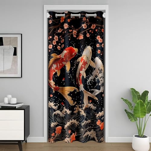 Homewish Rouge Blanc Koi Rideau de Porte Style Japonais Rideau Occultant 86x203 Rose Sakura Rideau de Placard Bleu Vagues Rideaux de Séparation de Chambre