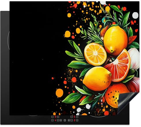 KitchenYeah© Herdabdeckplatte 60x52 cm Induktion Schutzmatte Küche Herdabdeckung Ceranfeld Induktionsmatte Cerankochfeld Abdeckung Zitronen - Schwarz - Kräuter - Graffiti - Farbe