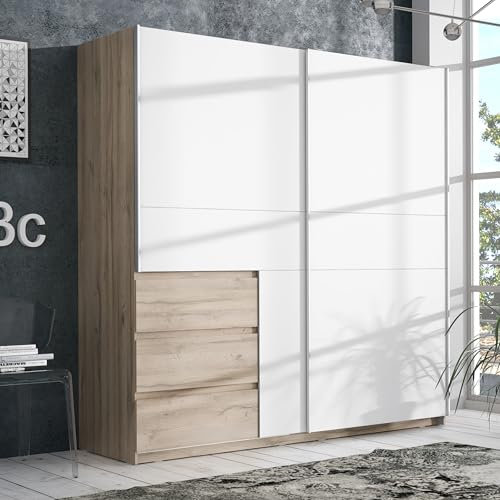 FORTE Collet Kleiderschrank 200, Moderner Schrank mit 2 Schwebetüren und 3 Schubladen, Holzwerkstoff, Bianco Eiche/Weiß, 200,1 cm breit, 200,5 cm hoch, 61,2 cm tief